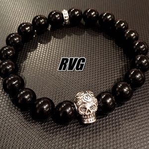 Black Onyx Bracelet .925 Skull 10mm Elastic Fit 8”